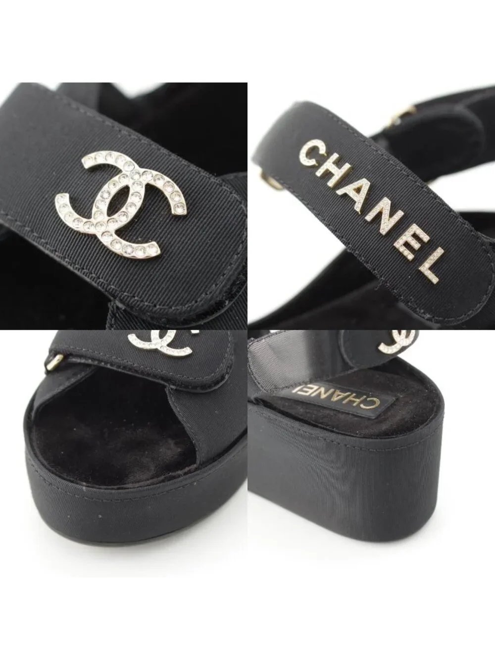 Chanel Rhinestone CC Logo Velcro Sandals Shoes Black 38C